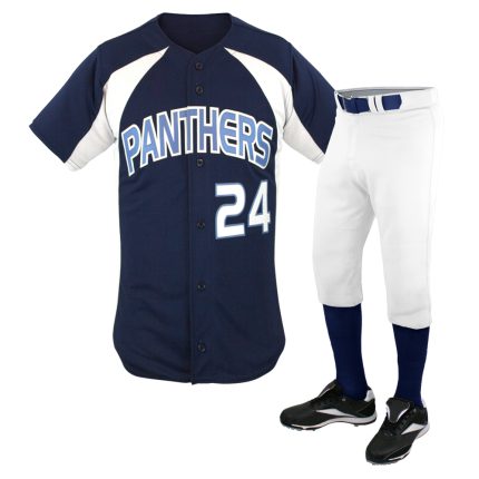Men's navy blue button-down baseball jersey with white shoulder panels and "PANTHERS 24" branding, paired with white baseball pants for bulk B2B manufacturing.
