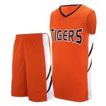 Men's orange basketball jersey and shorts with white side panels and "TIGERS" chest branding for bulk B2B manufacturing.
