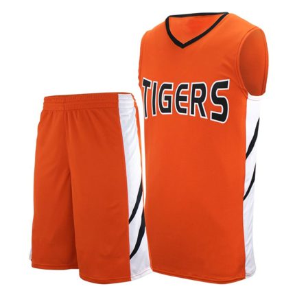 Men's orange basketball jersey and shorts with white side panels and "TIGERS" chest branding for bulk B2B manufacturing.