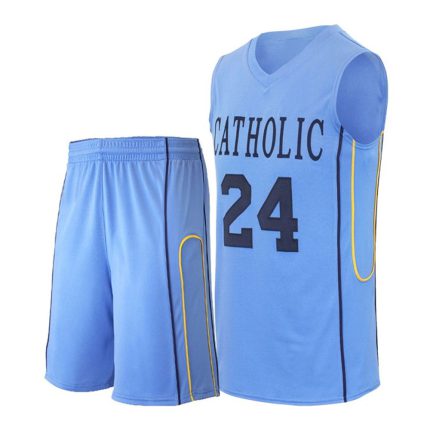 Men's sky blue basketball jersey and shorts with navy piping, yellow accents, and "CATHOLIC 24" chest branding for bulk B2B manufacturing.