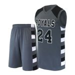Men's charcoal grey basketball jersey and shorts with black and white striped side panels and "ROYALS 24" chest branding for bulk B2B manufacturing.