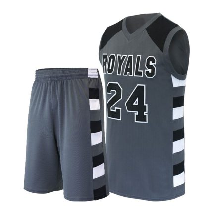 Men's charcoal grey basketball jersey and shorts with black and white striped side panels and "ROYALS 24" chest branding for bulk B2B manufacturing.