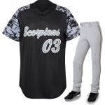 Custom black baseball jersey with grey digital camo sleeves and "Scorpions 03" branding, paired with light grey pants for bulk B2B manufacturing.