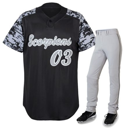 Custom black baseball jersey with grey digital camo sleeves and "Scorpions 03" branding, paired with light grey pants for bulk B2B manufacturing.