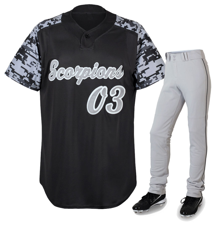 Custom Sublimated Digital Camo Baseball Uniform Custom black baseball jersey with grey digital camo sleeves and "Scorpions 03" branding, paired with light grey pants for bulk B2B manufacturing.