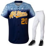 Custom navy blue button-down baseball jersey with star-patterned sublimated sleeves and "All Stars 20" branding, paired with white athletic pants for bulk B2B manufacturing.