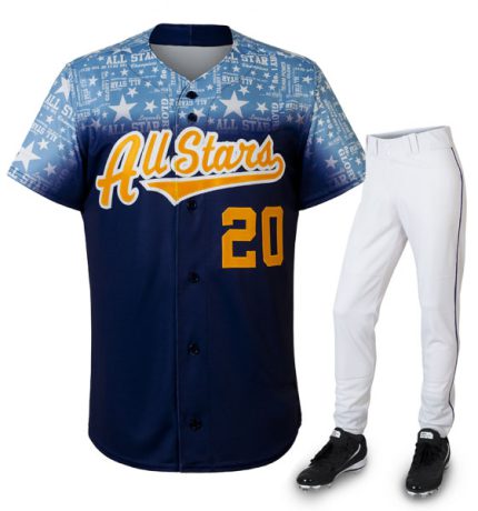 Custom navy blue button-down baseball jersey with star-patterned sublimated sleeves and "All Stars 20" branding, paired with white athletic pants for bulk B2B manufacturing.