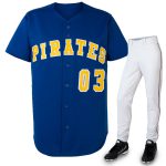 Custom royal blue button-down baseball jersey with yellow "PIRATES 03" branding, paired with white pants for bulk B2B manufacturing.