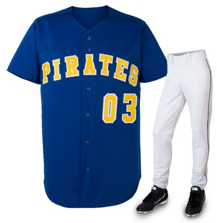Custom royal blue button-down baseball jersey with yellow "PIRATES 03" branding, paired with white pants for bulk B2B manufacturing.