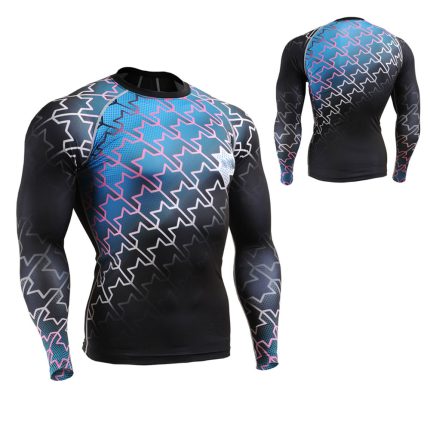 Men's long sleeve compression shirt with blue and pink gradient star pattern for bulk B2B manufacturing.