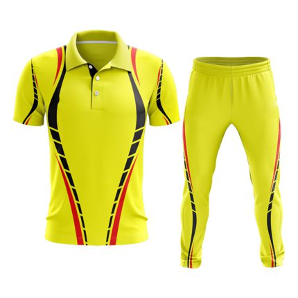 Custom yellow cricket uniform kit with black and red sublimated accents, featuring a button-down polo jersey and trousers for bespoke on-demand manufacturing.