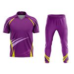 Custom purple and yellow sublimated cricket uniform featuring a V-neck polo jersey and matching trousers for bespoke on-demand manufacturing and private label sports brands.