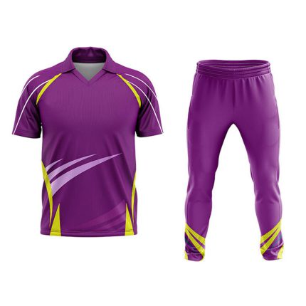 Custom purple and yellow sublimated cricket uniform featuring a V-neck polo jersey and matching trousers for bespoke on-demand manufacturing and private label sports brands.