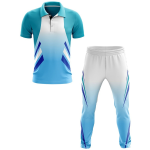 Custom sublimated cricket uniform featuring a teal and white gradient polo jersey and matching trousers, produced on-demand for private label sports brands.