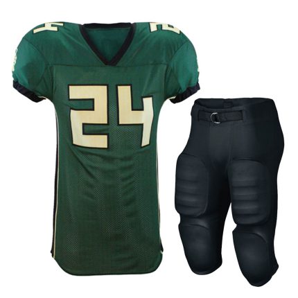 Professional black American football jersey with purple shoulder panels and "24" branding, paired with purple lace-up padded pants for bulk B2B manufacturing.