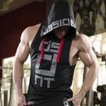 Men's black sleeveless gym hoodie with custom screen printing and red drawstrings, designed for bespoke on-demand manufacturing and fitnesswear private labels.