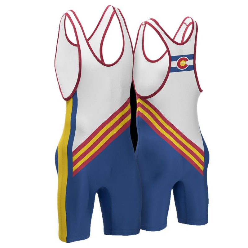 Custom blue, white, and yellow wrestling singlet featuring the Colorado state flag emblem and diagonal stripe design, optimized for bulk manufacturing and private label sports brands.