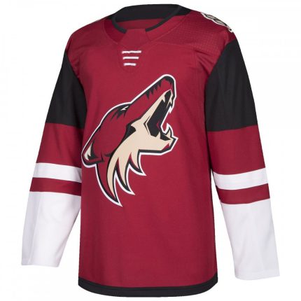 Professional maroon ice hockey jersey with black shoulder panels, white sleeve accents, and a coyote head chest logo for bulk B2B manufacturing.