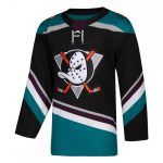 Professional black and teal ice hockey jersey with a classic goalie mask duck logo for bulk B2B manufacturing.