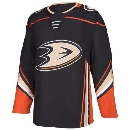 Professional black ice hockey jersey with orange and tan accents and a duck-foot logo for bulk B2B manufacturing.