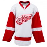 Professional white ice hockey jersey with red V-neck, red sleeves, and winged wheel chest logo for bulk B2B manufacturing.