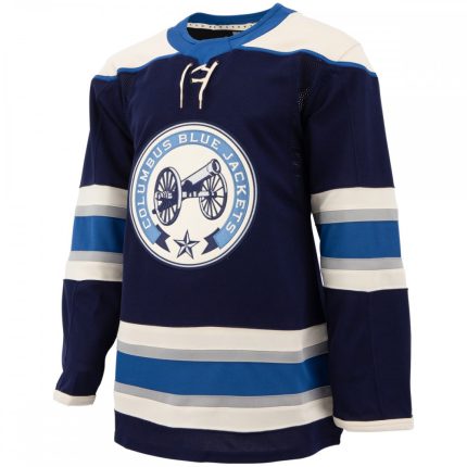 Professional navy blue ice hockey jersey with light blue and grey striped sleeves and a cannon chest logo for bulk B2B manufacturing.