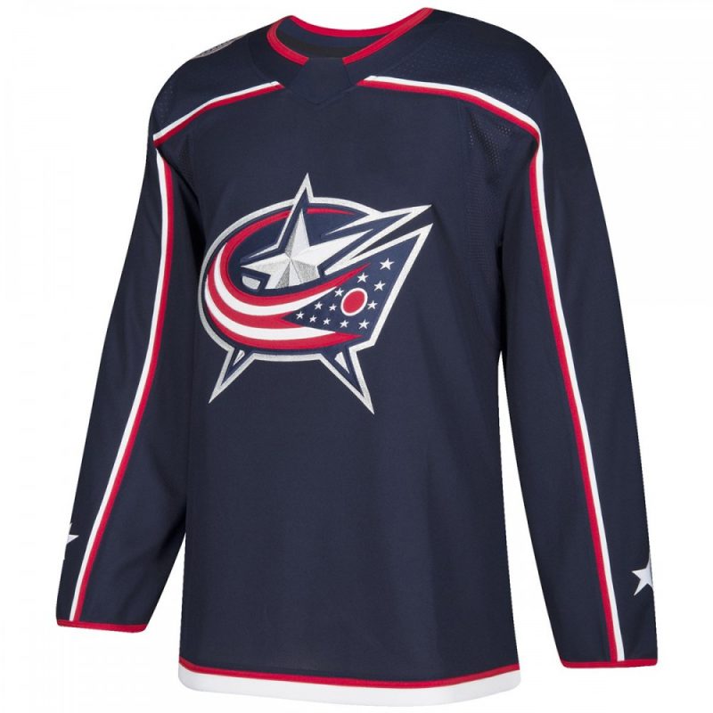 Professional navy blue ice hockey jersey with white and red trim and a large star-and-flag chest logo for bulk B2B manufacturing.