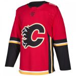 Professional red ice hockey jersey with black lower sleeves and a flame-style "C" chest logo for bulk B2B manufacturing.