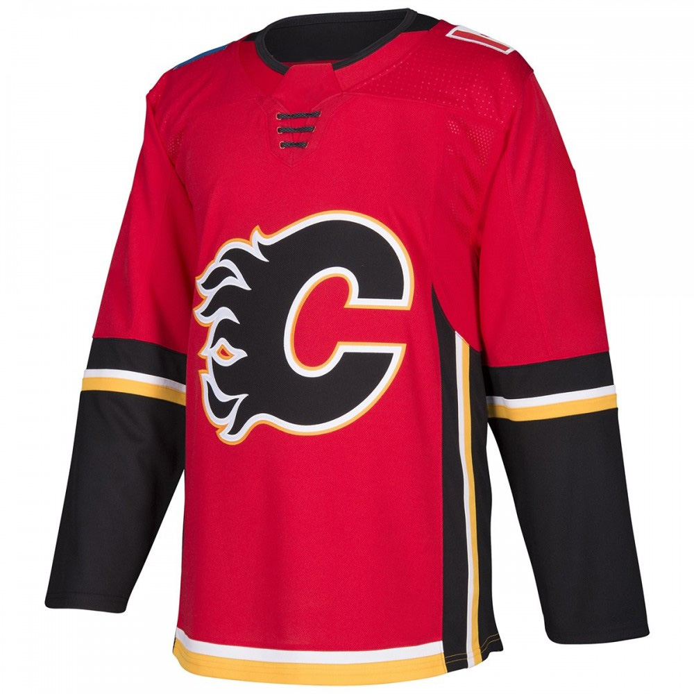 Custom Sublimated Red and Black Ice Hockey Jersey Professional red ice hockey jersey with black lower sleeves and a flame-style "C" chest logo for bulk B2B manufacturing.