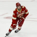 Professional custom ice hockey jersey in maroon and gold with embroidered logos and player numbering, manufactured for wholesale distributors and private label sports brands.