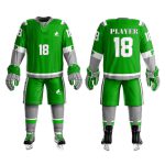 Custom green and grey ice hockey uniform kit with shamrock details, featuring a lace-up neck jersey and matching shorts for bespoke on-demand manufacturing.
