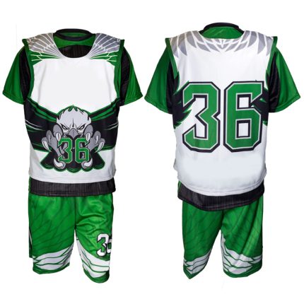 Custom green and white sublimated lacrosse uniform kit featuring eagle mascot graphics and player numbering, produced for private label brands and wholesale distributors.