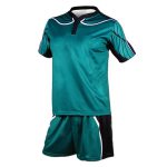 Teal rugby jersey with black wing pattern on shoulders and sleeves with matching teal and black shorts for bulk B2B manufacturing.