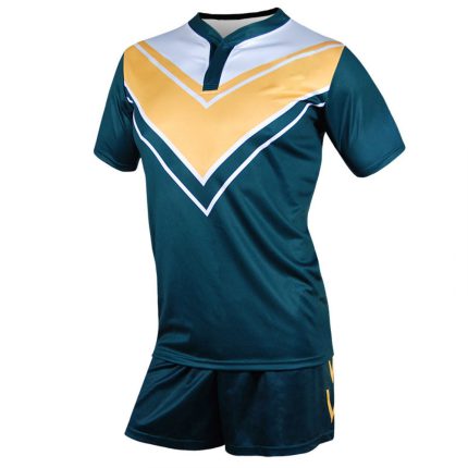 Men's dark green rugby jersey with gold and white chevron chest pattern and matching shorts for bulk B2B manufacturing.