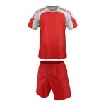 Men's red soccer jersey with grey and white shoulder panels and matching red shorts for bulk B2B manufacturing.