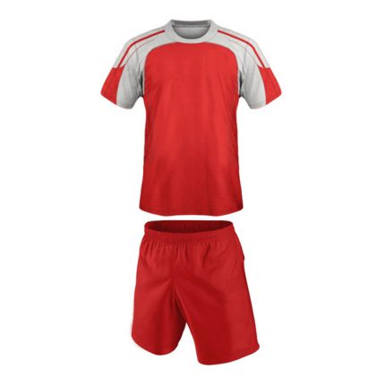 Men's red soccer jersey with grey and white shoulder panels and matching red shorts for bulk B2B manufacturing.