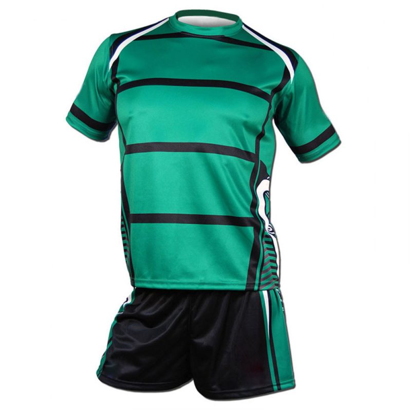Women's dark green performance athletic kit with white and yellow side panels for bulk B2B manufacturing.