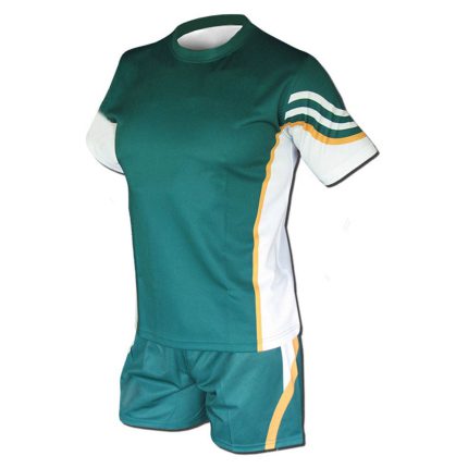 Women's black athletic jersey and shorts set with white side panel accents and reinforced stitching for bulk B2B manufacturing.