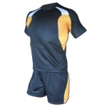 Men's black athletic jersey and shorts set with yellow and white side panels and shoulder accents for bulk B2B manufacturing.