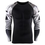 Men's long sleeve compression rash guard featuring a blue and black electric lightning bolt sublimation print, optimized for bulk manufacturing and private label MMA or fitness brands.