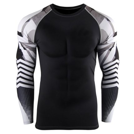 Men's long sleeve compression rash guard featuring a blue and black electric lightning bolt sublimation print, optimized for bulk manufacturing and private label MMA or fitness brands.