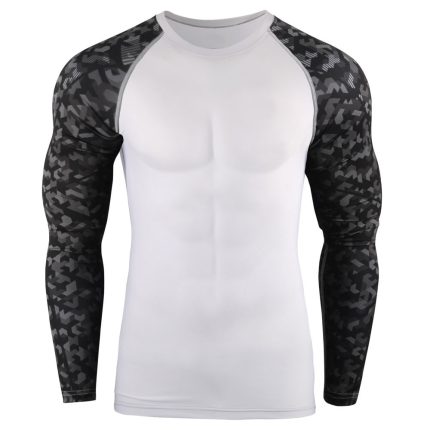 Men's long sleeve compression rash guard with a solid white body and black/grey geometric camo sublimated sleeves, designed for bulk manufacturing and private label fitness brands.