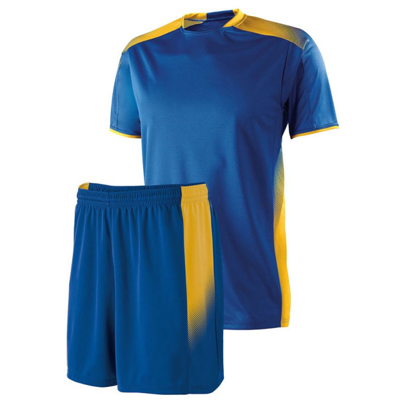 Men's royal blue soccer jersey and shorts with yellow halftone gradient accents on shoulders and sides for bulk B2B manufacturing.