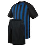 Men's soccer uniform featuring a black jersey with blue halftone vertical stripes and solid black shorts for bulk B2B manufacturing.