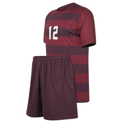 Men's soccer jersey with maroon and burgundy horizontal stripes and matching shorts featuring white number 12 for bulk B2B manufacturing.