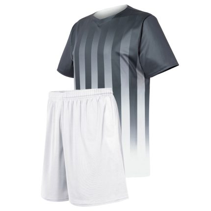 Men's soccer kit featuring a charcoal grey to white vertical gradient striped jersey and solid white shorts for bulk B2B manufacturing.