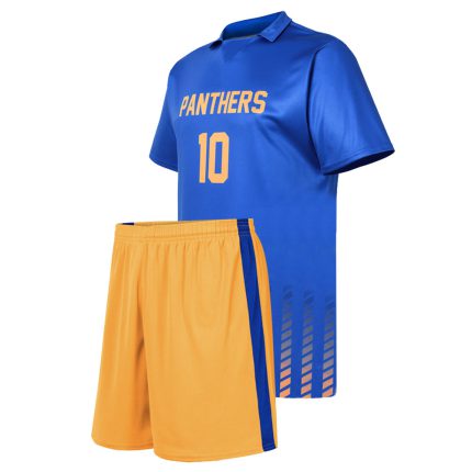 Men's custom blue soccer jersey with yellow "Panthers" text and number 10, paired with yellow shorts for bulk B2B manufacturing.