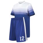 Men's soccer jersey with white-to-blue horizontal gradient stripes and matching blue shorts with number 12 for bulk B2B manufacturing.