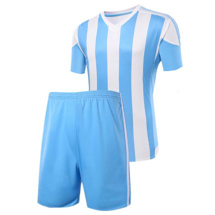 Men's sky blue and white vertical striped football soccer jersey with matching blue shorts for bulk B2B manufacturing.