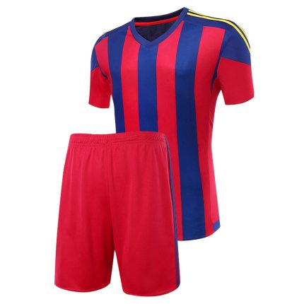 Men's red and blue vertical striped football soccer jersey and shorts set for bulk B2B manufacturing.